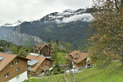 View of alpine Wengen village Beautiful outdoor scene in Switzerland