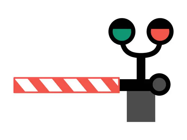 Vector illustration of Vector railroad barrier with traffic lights. Railway gate with semaphore icon. Rail way stop sign isolated on white background