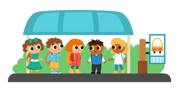 Children on a busstop waiting for the school bus. Vector bus stop icon. Cartoon public transport station. City or countryside transportation clipart with kids. Cute comfortable destination point Children on a busstop waiting for the school bus. Vector bus stop icon. Cartoon public transport station. City or countryside transportation clipart with kids. Cute comfortable destination point school bus stop stock illustrations