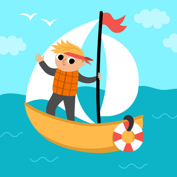 istock Vector square scene with boy sailing yacht. Transportation illustration. Cute kid driving transport. Water vehicle landscape. Cartoon child on a boat 1501638237
