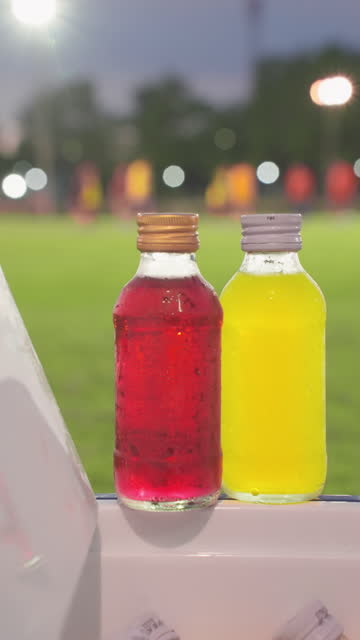 During soccer players practicing, cold red and yellow sport drinks are on the opened ice bucket beside the soccer field, ready for pick up and refreshment