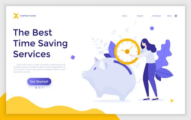 Vector illustration of Landing page template with woman putting clock face into piggy bank. Concept of time saving service, planning techniques, scheduling, work organization and management. Modern flat vector illustration.