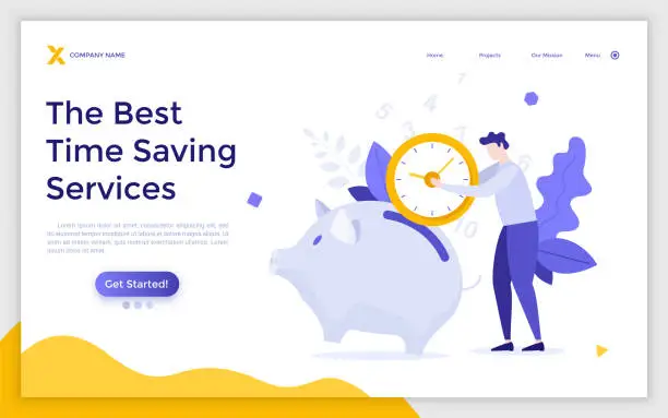 Vector illustration of Landing page template with man putting clock face into piggy bank. Concept of time saving service, planning techniques, scheduling, work organization and management. Modern flat vector illustration.