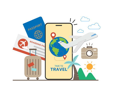 Online app for tourism. Traveler using mobile app for planning travel summer vacation holiday. Flat illustration for vacation, digital technology, trip and online travel concept.