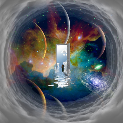 Man in front of open door in abstract space