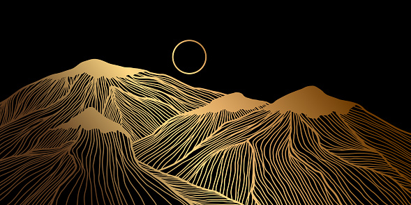 Luxury linear golden mountains with sun. Sand pyramids. Desert. Abstract landscape. Minimalist wall art. Line art background design. Linear hills with striped pattern. Vector illustration. Gold banner