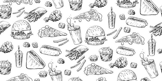 ilustraciones, imágenes clip art, dibujos animados e iconos de stock de patrón perfecto con comida rápida. - hamburger refreshment hot dog bun