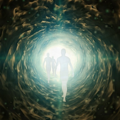 Spiritual painting. Human souls in a tunnel of light