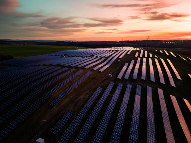 Aerial view of solar panels field stock photo