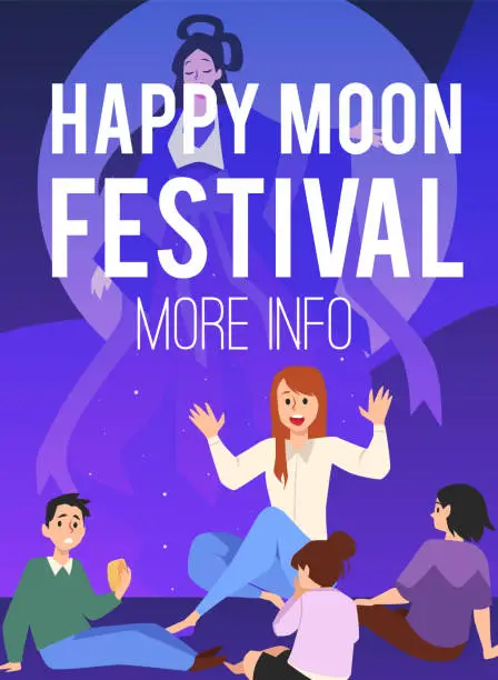 Vector illustration of Chinese Mid Autumn festival greeting card web banner, flat vector illustration. Woman telling legends about Chang goddess to kids. Boy eating mooncake.