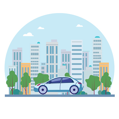 Car go by city streets vector buildings Stock Illustration.