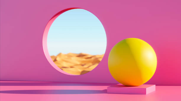 Abstract architecture with a pink wall and a yellow sphere on the ground