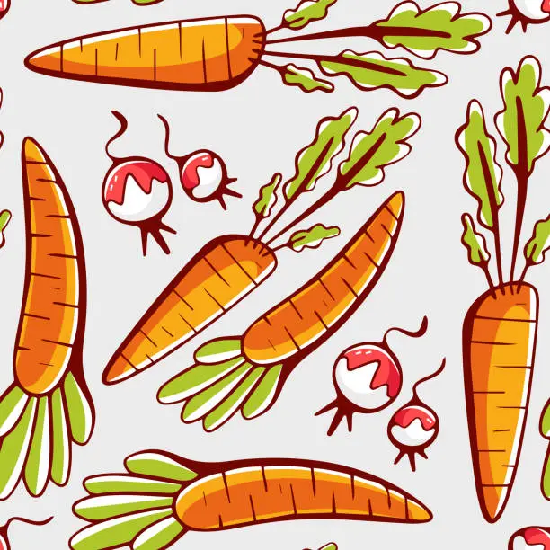 Vector illustration of Vector pattern in cartoon style with carrots and radishes.