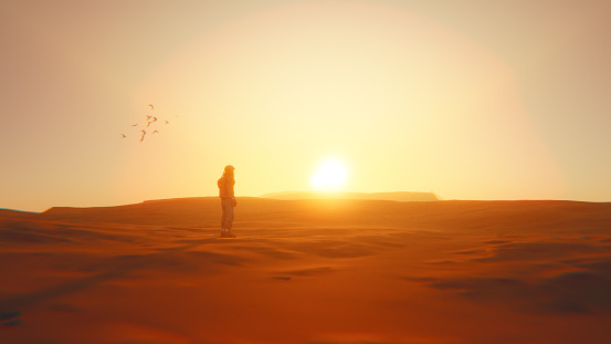 Sunset or sunrise on a red planet in Space. One astronaut is on the ground and watches the sun in the horizon. Concept of leadership and exploring space.
