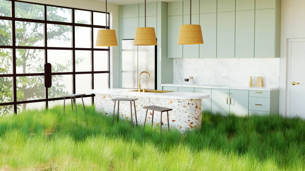 Modern Kitchen Blends with Surreal Tall Grass Floor Modern kitchen with surreal floor made of tall grass. Daytime and the sun shines. green home decor stock pictures, royalty-free photos & images
