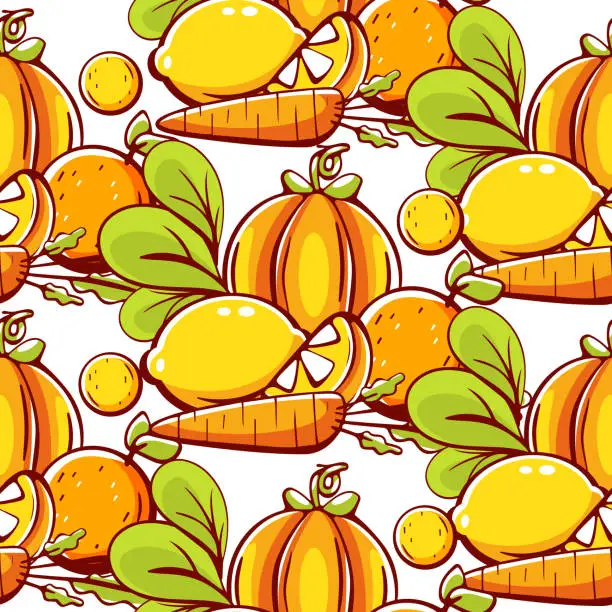Vector illustration of Vector pattern in cartoon style with carrots, pumpkins and lemon.