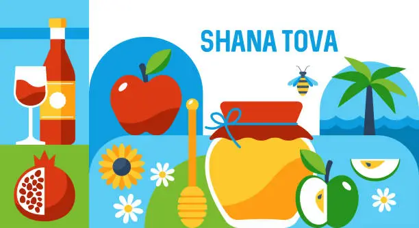 Vector illustration of Jewish holiday Rosh Hashanah modern background with honey jar, apples and pomegranate. Template for banner, poster or greeting card. Vector illustration