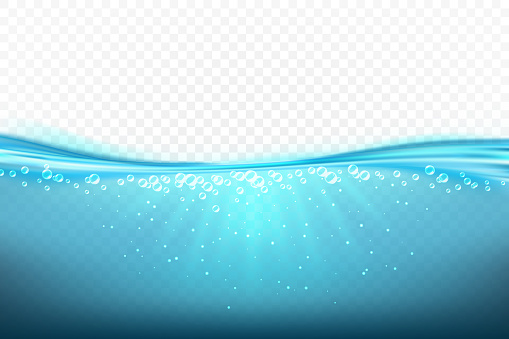 Under ocean water. Blue sea wave surface. Summer holiday pool ripple. Clear liquidity underwater. Travel scene. Transparent background. Marine depth. Fresh aqua texture. Vector realistic illustration