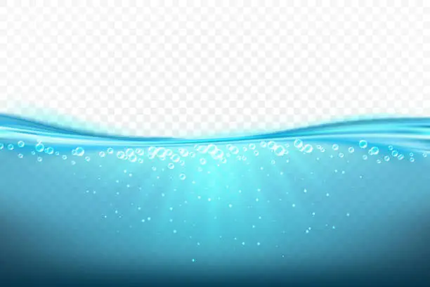 Vector illustration of Under ocean water. Blue sea wave surface. Summer pool ripple. Clear liquidity underwater. Travel scene. Transparent background. Marine depth. Aqua texture. Vector realistic illustration