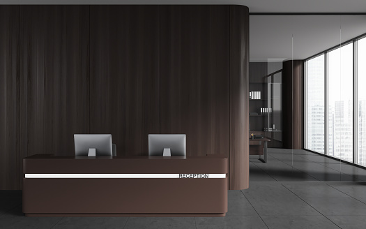 Brown office interior with reception desk and pc computers, business hallway and ceo room behind glass doors, grey tile concrete floor. Panoramic window on skyscrapers. Copy space wall. 3D rendering