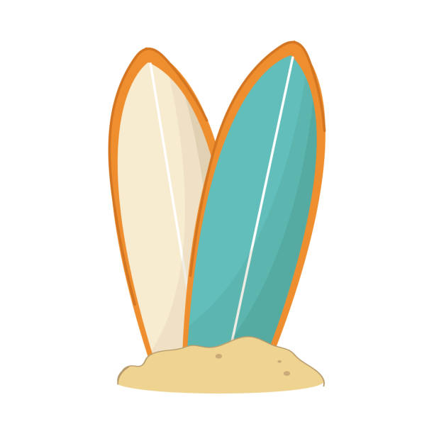 ilustraciones, imágenes clip art, dibujos animados e iconos de stock de dos tablas de surf en una playa. - tabla-de-surf