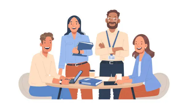 Vector illustration of Business team at the desktop. Happy colleagues working together. Portrait of office workers