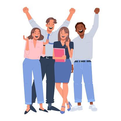 Happy business team celebrates success, rejoices in triumph and victory. Vector illustration in flat style