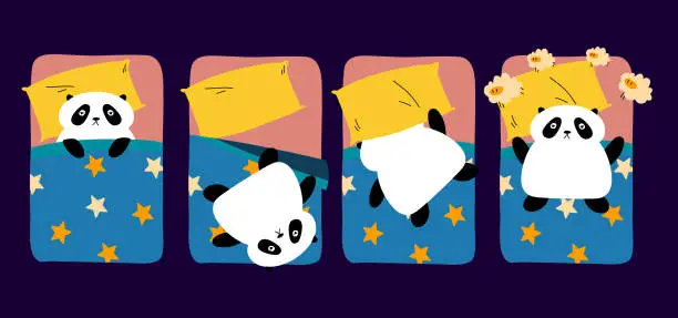 Vector illustration of A set of illustrations of pandas in different poses on the bed at night. The concept of insomnia