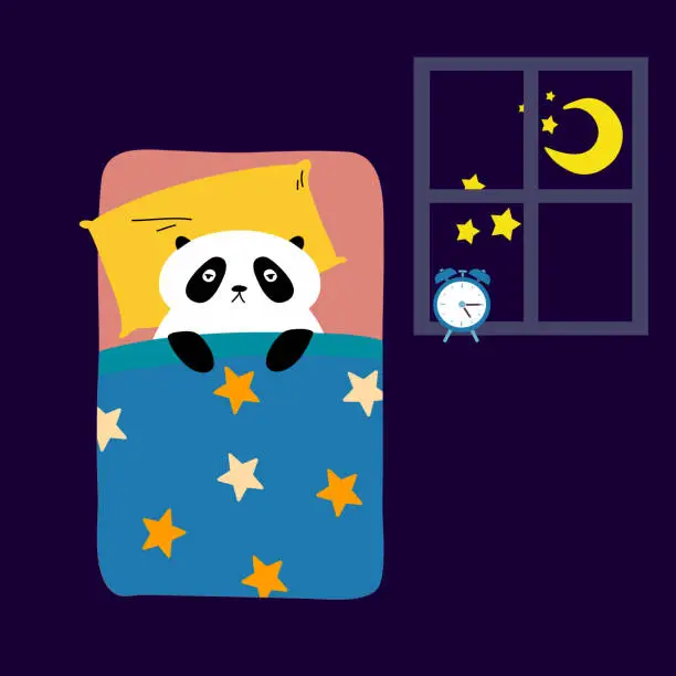 Vector illustration of Panda suffering from insomnia at night. Vector illustration.