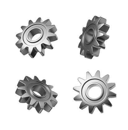 View of four gray gears and cogwheels over white background. Concept of teamwork and machinery. 3d rendering