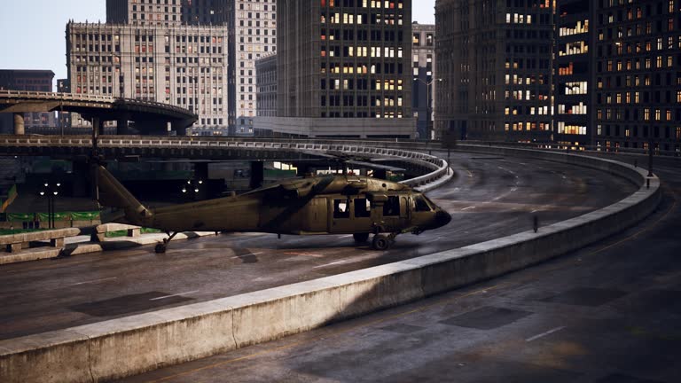 black war chopper in the city