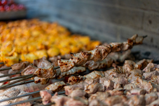 Traditional Turkish meal kebab, Ali nazik, adana kebap, urfa kebap, çöp şiş, patlican kebap, domates kebap, şaşlık, saslik, ciger sis on table top view