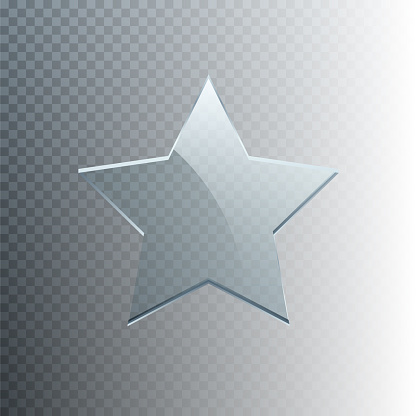 Glass star vector illustration. 3D realistic blank clear five point award star, transparent trophy prize and crystal plaque decoration for winner, cristal rank button for rating from glossy material.