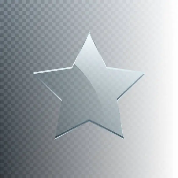 Vector illustration of Glass star vector illustration. 3D realistic blank clear five point award star, transparent trophy prize and crystal plaque decoration for winner, cristal rank button for rating from glossy material