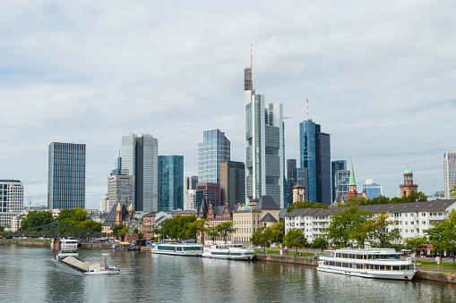 A high angle view looking across to the skyscrapers of Frankfurt's financial centre, with the River Main to the left.