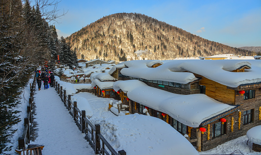 Mountain village at winter in Harbin, China.