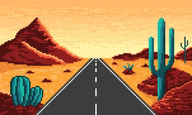 Vector illustration of Pixel desert with straight highway background