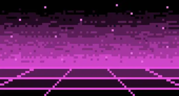 Vector illustration of Pixel mesh neon synthwave surface background