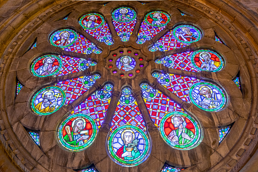 Coloured stained glass windows in a church in Spain