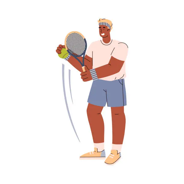 Vector illustration of Vector isolated illustration of Tennis player dark skinned man holds the ball in his hand and wants to throw with a racquet