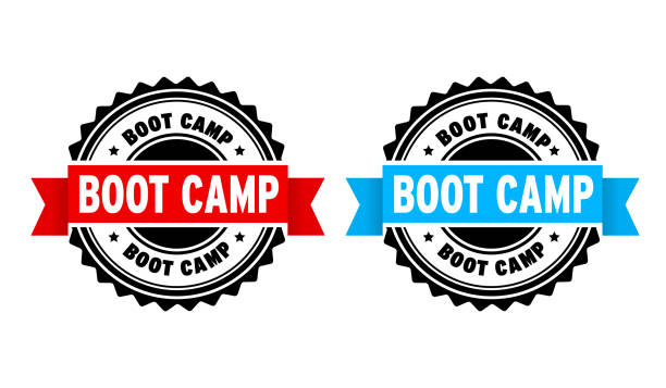 Red And Blue Boot Camp Stamp Pair On White Red and blue boot camp stamp pair on white. Horizontal composition. fitness boot camp stock illustrations