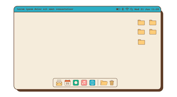 Minimal vintage retro vibe nostalgic OS with menu bar, folders and dock with app icons. Old fashioned computer desktop. Vector flat style illustration. Minimal vintage retro vibe nostalgic OS with menu bar, folders and dock with app icons. Old fashioned computer desktop. Vector flat style illustration windows folder icon stock illustrations
