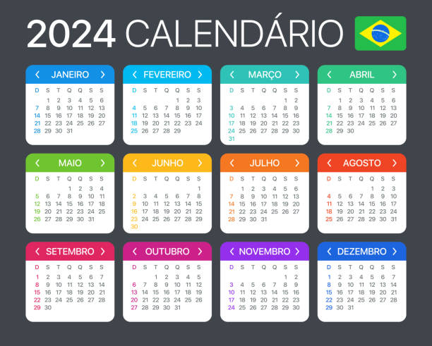ilustraciones, imágenes clip art, dibujos animados e iconos de stock de calendario 2024 - ilustración gráfica de plantilla vectorial - versión brasileña - calendario