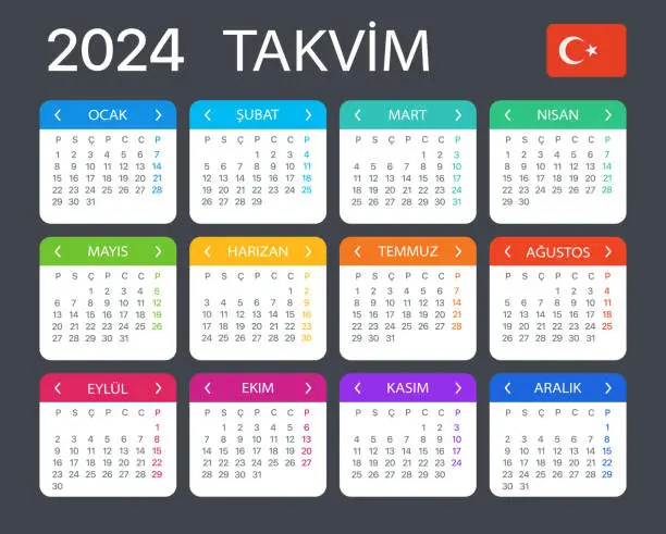 Vector illustration of 2024 Calendar - vector template graphic illustration - Turkish version