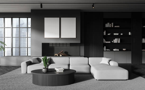 istock Dark chill room interior couch and fireplace with window and decor, mockup frame 1501762774