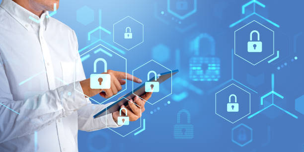 istock Businessman with tablet, finger touch lock and cybersecurity, data protection 1501763072