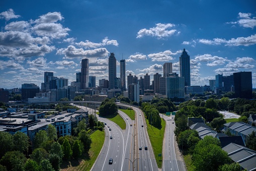 Panoramic aerial view of Atlanta skyline from the Jackson street bridge in downtown Atlanta