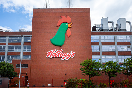 Kelloggs cereal production factory in Trafford Park with large Rooster logo on side of building