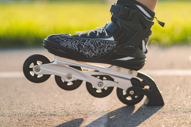 istock Black roller skates during inline skating close-up 1501767380