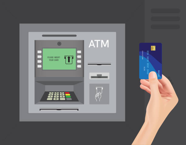 Woman's hand pressing ATM code to withdraw money at gray ATM machine and withdrawing money The procedure for receiving cash using plastic cards and special bank machines. Woman's hand pressing ATM code to withdraw money at gray ATM machine and withdrawing money The procedure for receiving cash using plastic cards and special bank machines. Vector illustration EPS 10. exchange teller stock illustrations